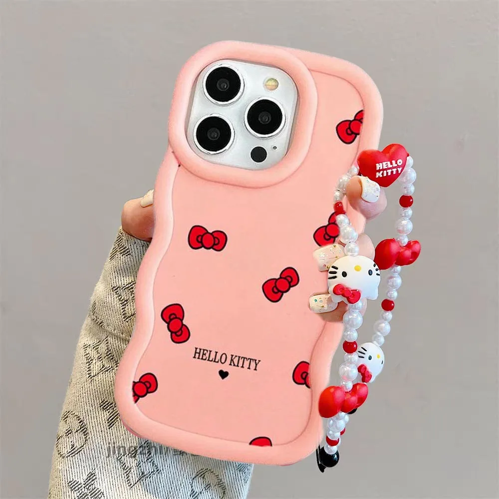 Funda de silicona 3D Wave Pink Cute Hello Kitty Chain Love para IPhone 17 Pro 17 Air 16e 16 15 14 13 12 PRO MAX Plus Y2K Funda - imagen 2