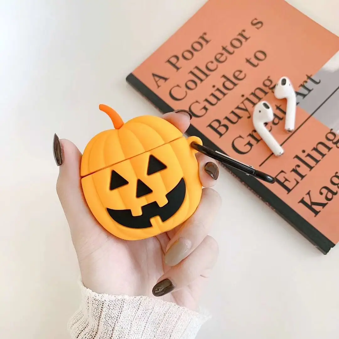 Funda protectora de silicona suave con diseño de calabaza de Halloween 3D para Airpods Pro 2, Funda para Airpods 1/2, Funda - imagen 3