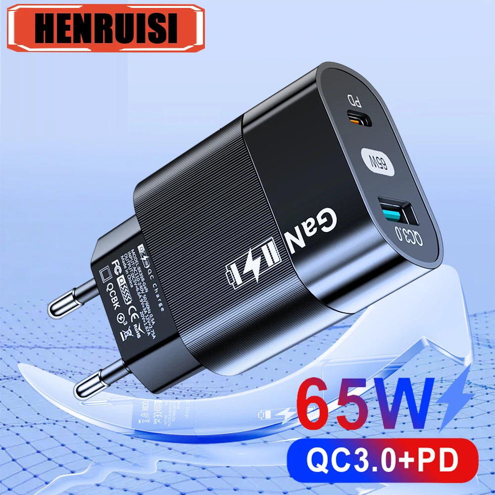 Cargador USB de carga rápida GaN PD de 65W QC3.0 tipo C adaptador de pared UE/EE. UU. para iPhone 15 Xiaomi Samsung cargador de teléfono móvil portátil