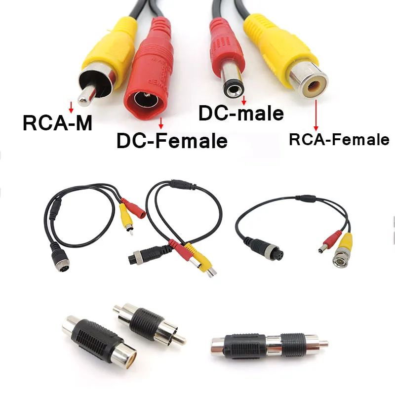 Cabezal de aviación de 4 pines macho/hembra a RCA AV/hembra DC convertidor adaptador de enchufe de Cable múltiple para Monitor de cámara trasera de coche