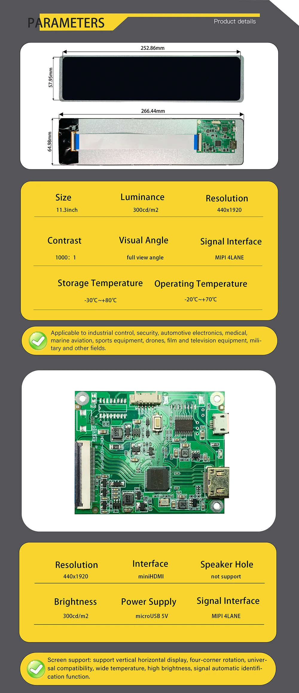 LESOWN Módulo LCD de barra ultraancha de 11,3 pulgadas MIPI 4LANE Mini HDMI 440x1920 módulo de pantalla IPS para PC portátil equipo de automatización - imagen 2