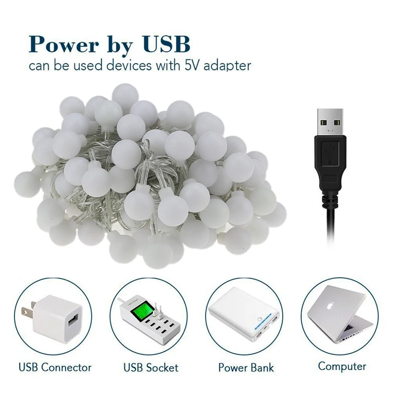 Guirnaldas de luces Led, guirnaldas de luces Usb, guirnaldas de luces impermeables para exteriores, luces navideñas para dormitorio, luces de hadas de árbol, blanco cálido - imagen 5