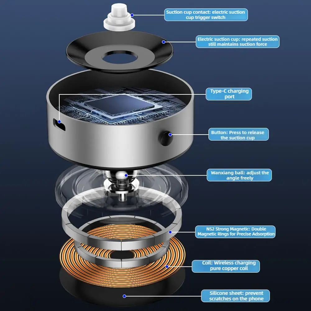 Cargador Inalámbrico/sin Cargador Dos Tipos 360 ° Soporte ajustable para teléfono móvil con rotación para coche, adsorción de vacío magnética estable - imagen 5