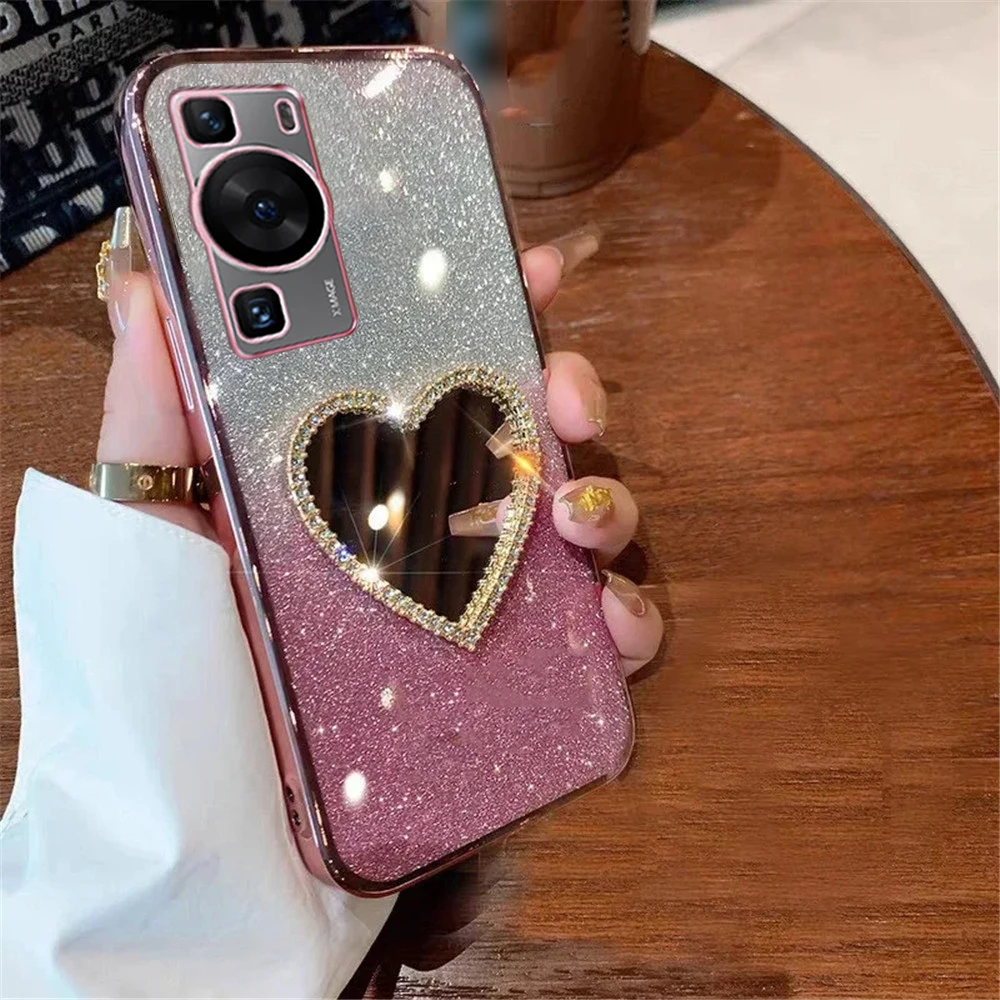Funda de teléfono con espejo de corazón de amor brillante, funda de silicona suave para Huawei P60, P50, P40, P30 Pro Lite, P Smart 2021, Y7A, Mate 60, 50, 40 Pro