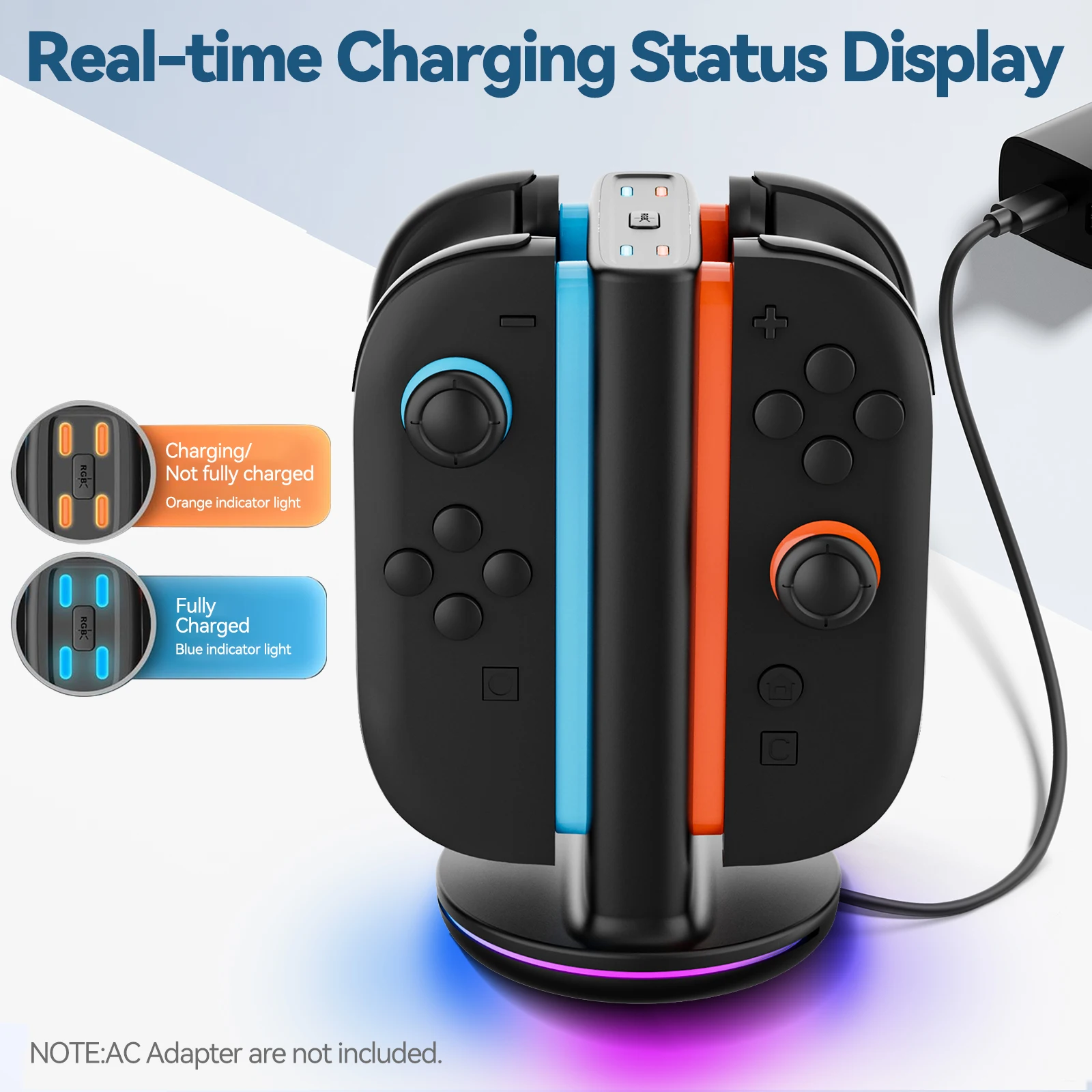 Cargador de controlador Switch 2 para Joy-pad 2 base de carga con 9 modos de luz para estación de carga Switch 2 para N-S 2 con cable USB - imagen 2