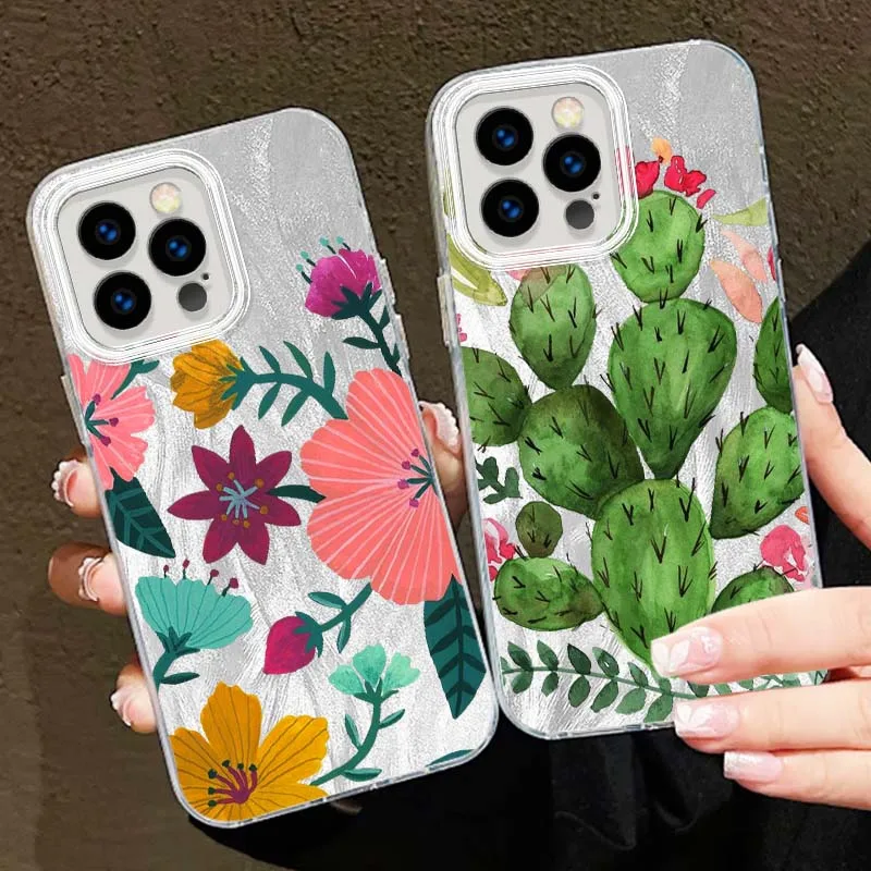 Funda artística de flor de Cactus para Apple iPhone 16 16E 15 14 13 12 11 8 XS X Pro Max funda de teléfono con textura de plumas