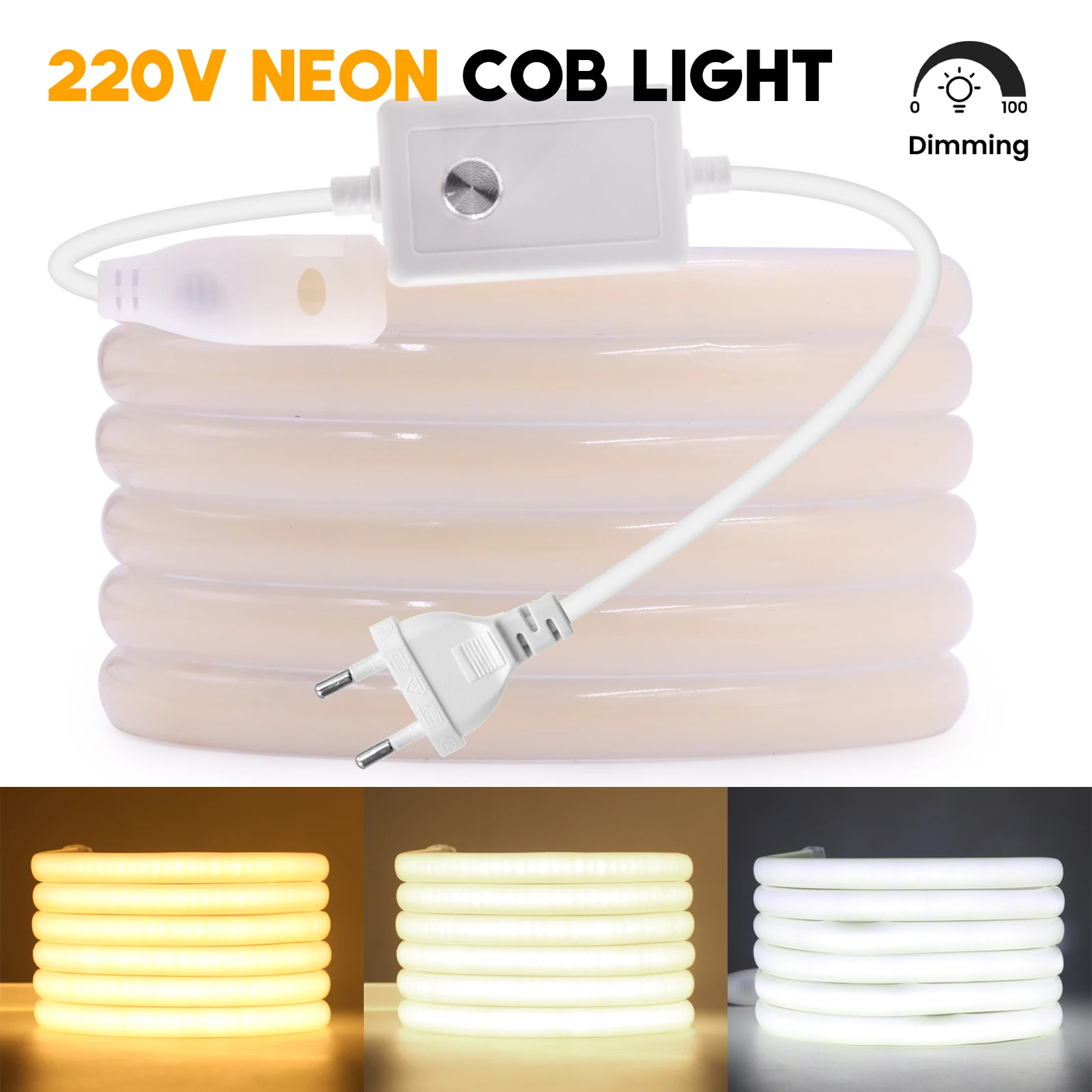 Tira de luces LED COB de 220V, alta luminosidad, 288LEDs/m, RA90, lámpara Flexible para exteriores, cinta de neón impermeable con interruptor atenuador, enchufe de alimentación de la UE - imagen 4