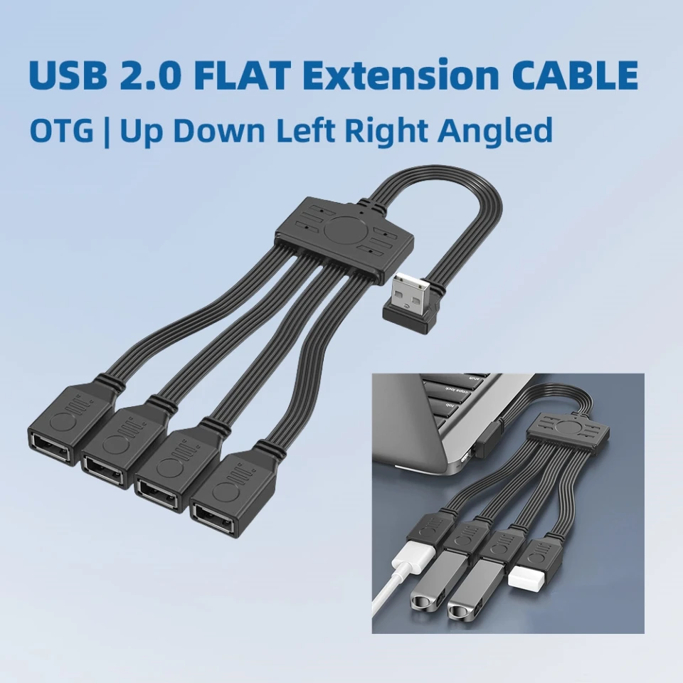Divisor extensor USB de un punto y cuatro, Cable plano Flexible OTG hacia arriba y hacia abajo, ángulo izquierdo y derecho para ratón de ordenador, teclado, disco U, coche
