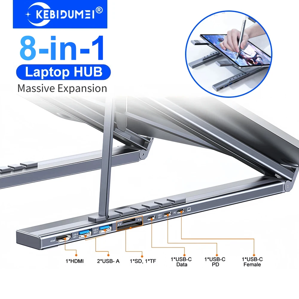 Soporte 8 en 1 estación de acoplamiento aleación de aluminio soporte para ordenador portátil Hub TYPE-C a adaptador HDMI 4K PD100W USB3.0 5Gbps Hub USB Splitter - imagen 2