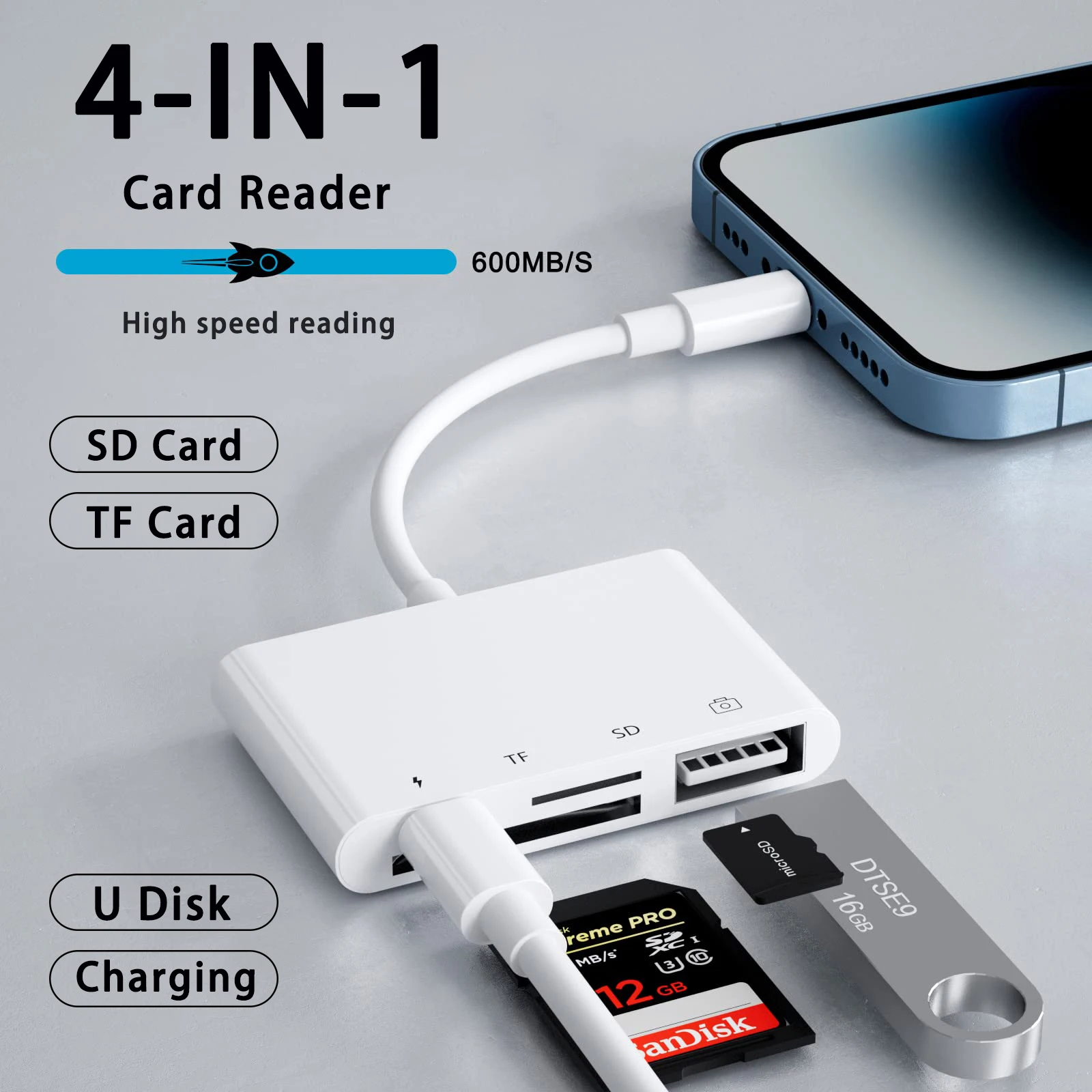 Lector de tarjetas USB 4 en 1, tarjeta SD/TF para iPhone 14, 13, 12, 11 Pro Max, puerto de carga rápida Lightning para cámara iPad, adaptador MacBook - imagen 2