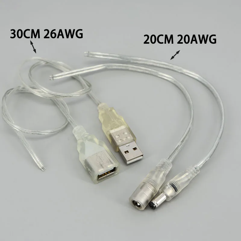 Adaptador de corriente CC USB macho hembra, Cable flexible transparente, conector Jack de barril de 5,5x2,1mm, Cable extensible para lámpara de neón de tira LED - imagen 3