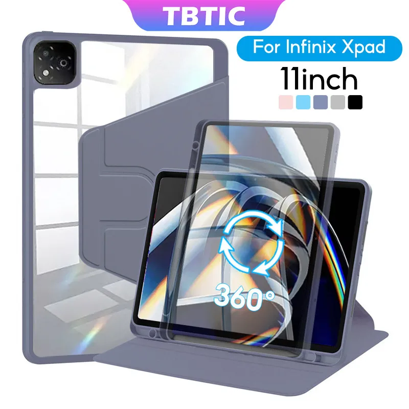 TBTIC para Infinix XPAD funda con rotación de 360 grados para niños con ranura para portalápices acrílico duro a prueba de golpes carcasa de despertador automático