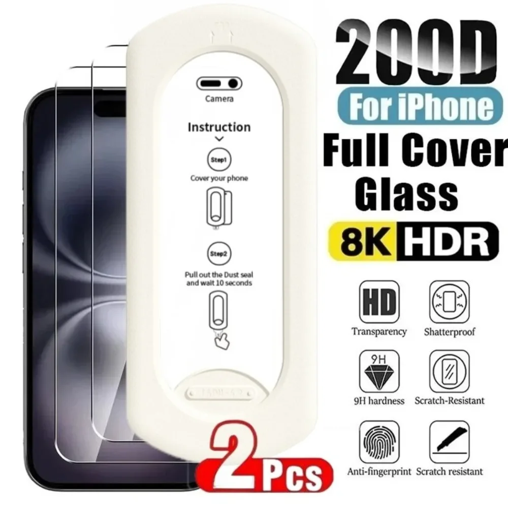 2 uds Protector de pantalla muy transparente para iPhone 16 15 14 13 Pro Max 14 15 Plus 12 11 Pro 16e X XR XS Max vidrio templado sin polvo