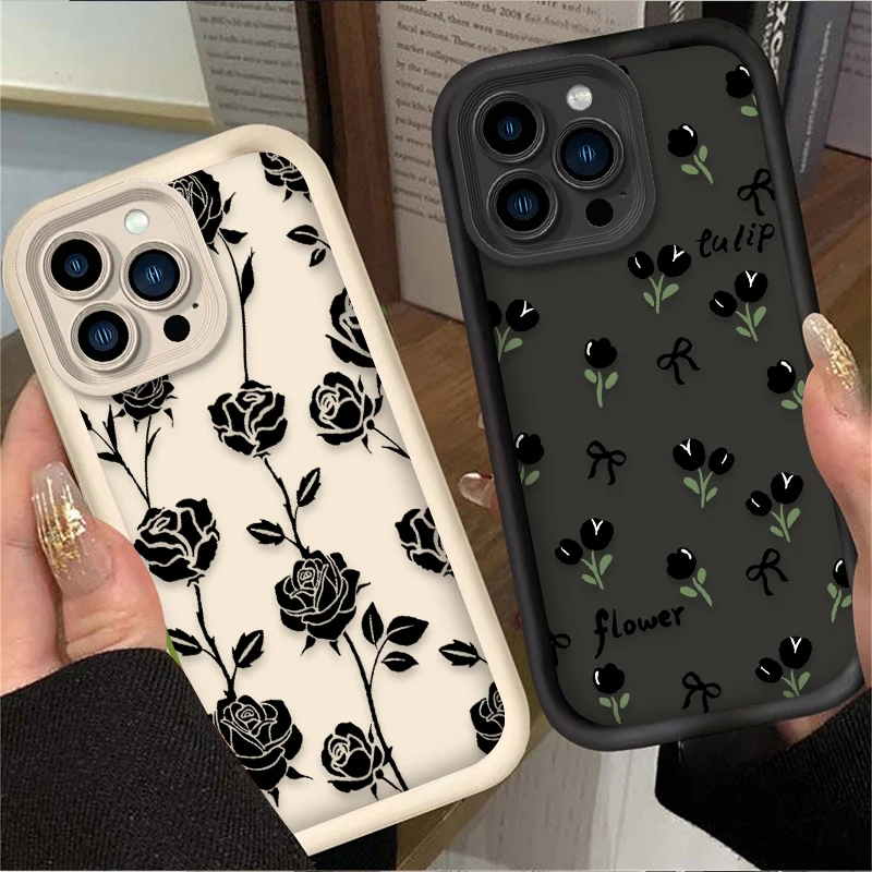 Funda de teléfono de flores negras para iPhone 14, 15 Pro Max, 13, 12, 11, X, XS, XR, 7, 8 Plus, SE 2020, Funda de silicona líquida suave a prueba de golpes