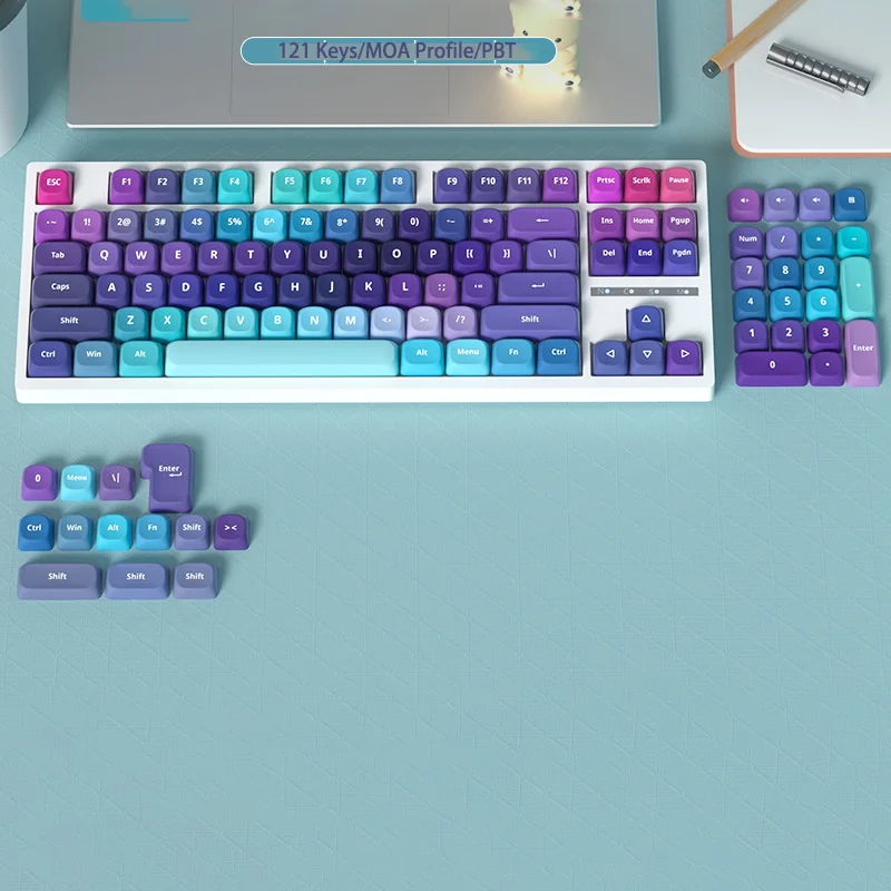 Juego de 121 teclas de perfil MOA colorido, teclas personalizadas, abalorios azules, teclas Sub PBT de cinco tintes laterales para teclado mecánico MX Switch - imagen 3