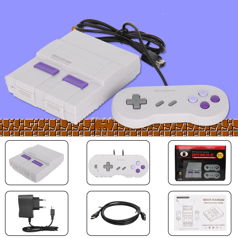 Salida Super HD 2023 para reproductor de videojuegos portátil clásico Retro SNES TV Mini consola de juegos integrada 821 juegos con mando Dual - imagen 4
