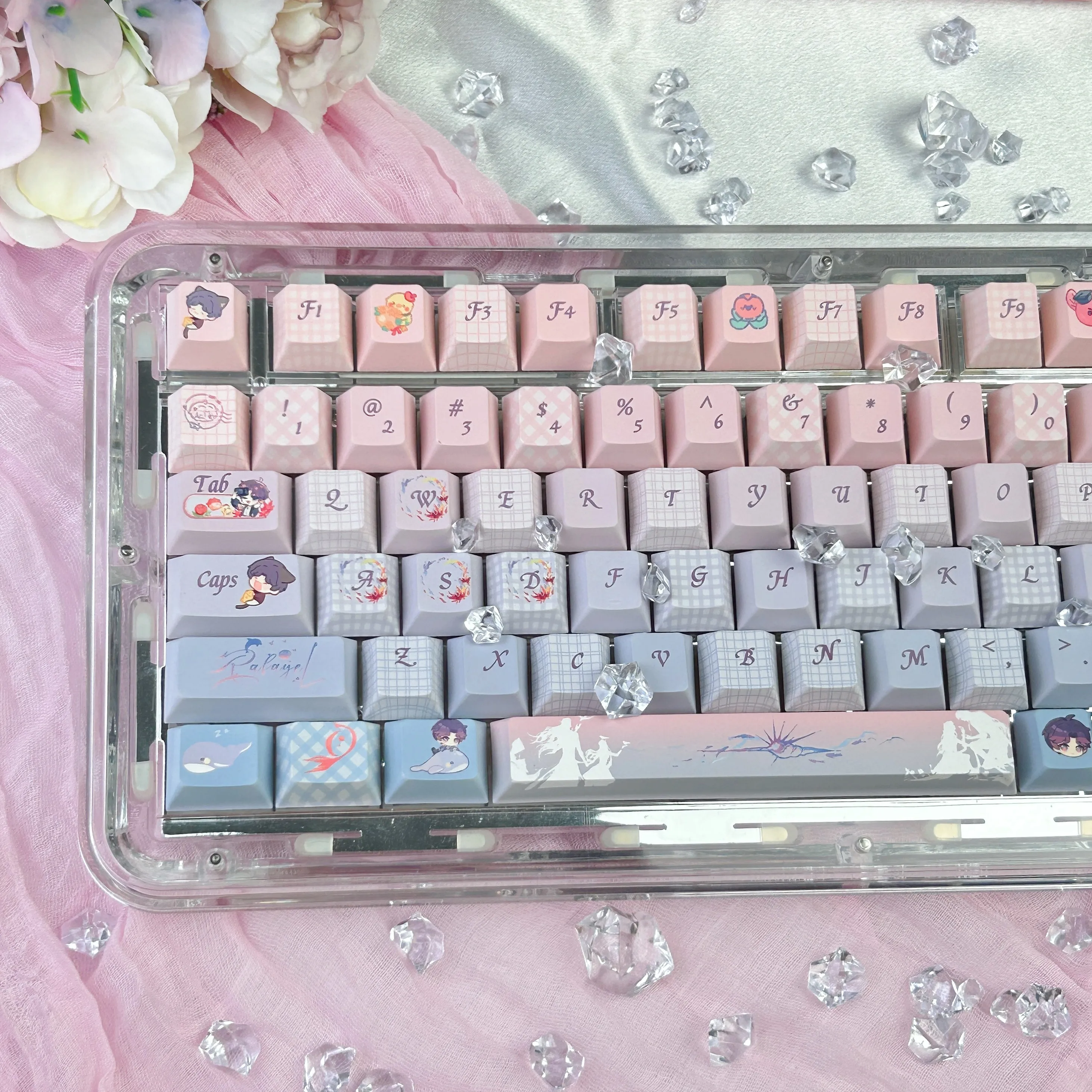 Love and Deepspace-teclas Rafayel, perfil de cereza, rosa, púrpura, gradiente, juego, dibujos animados, versión Q, teclas de teclado PBT - imagen 2