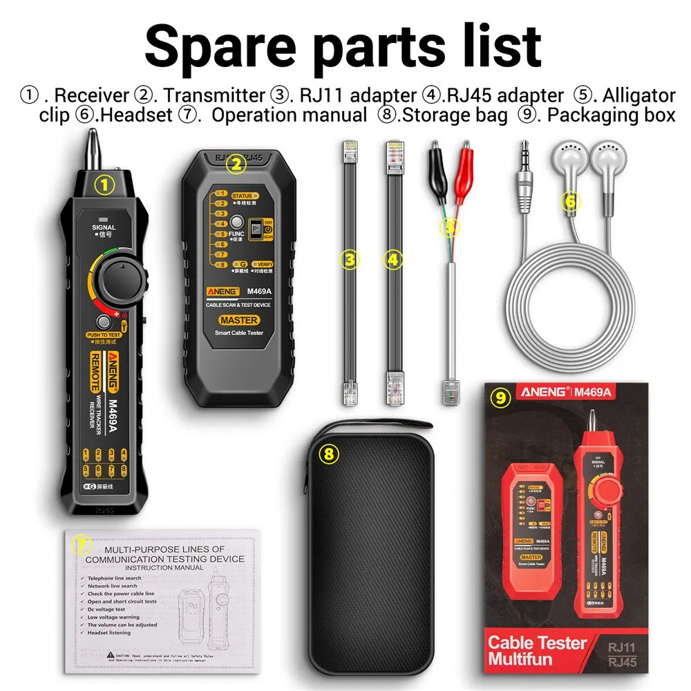 ANENG M469A M469A Buscador de cables de red RJ45 RJ11 Buscador de cables LAN Probador Instrumento de prueba antiinterferencias Reparación de redes - imagen 4