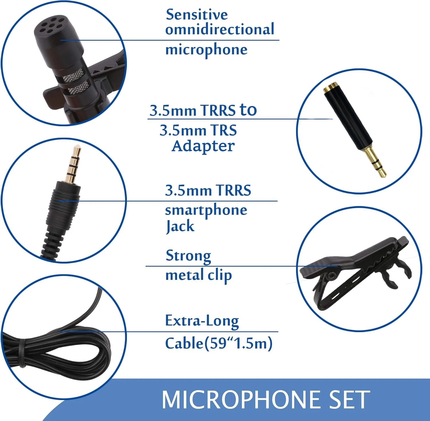 Micrófono de solapa Lavalier con cable de 1,5 m, micrófono condensador omnidireccional para teléfonos inteligentes iOS/Android, grabación de entrevistas de Podcast, 2 uds. - imagen 4