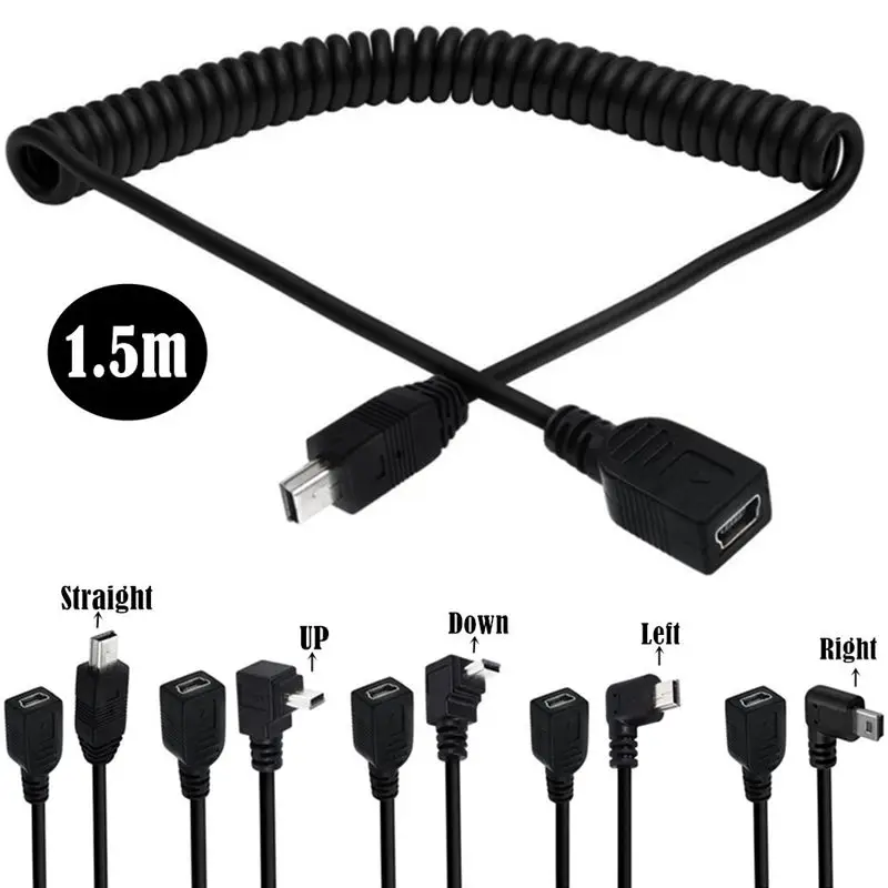 1,5 m Mini 5P Cable de resorte USB 2,0 disco duro cámara Digital Cable de datos de teléfono puerto en forma de T Mini 5P macho a hembra