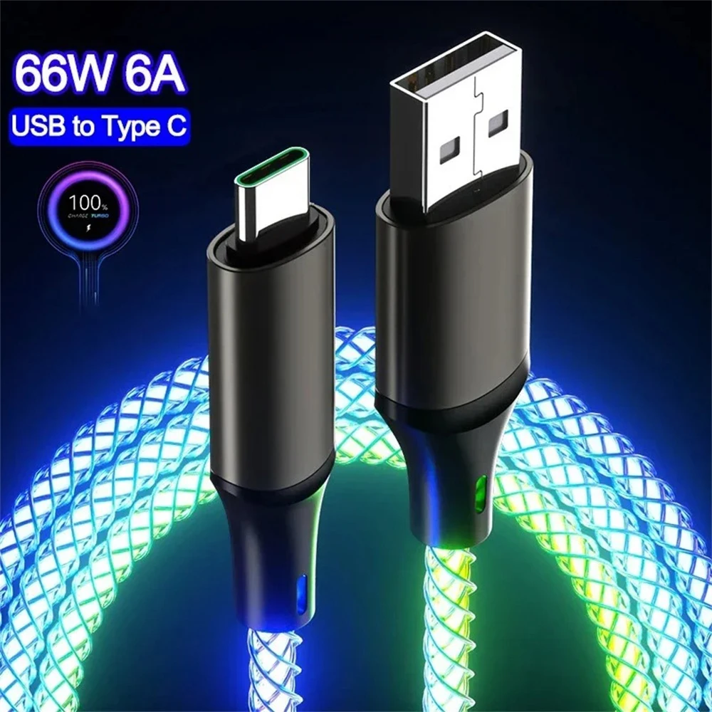 Cable de datos de luz degradada luminosa RGB de carga rápida de 66W 6A cargador tipo C para iPhone 16 Pro Huawei Samsung Cable de datos