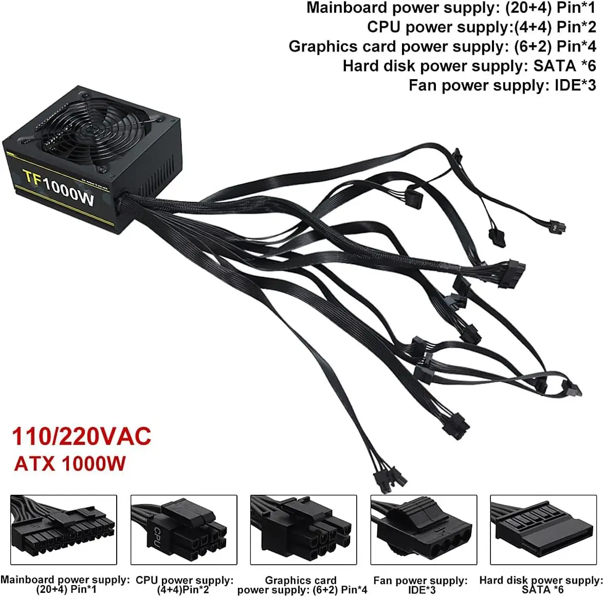 T.F.SKYWINDINTL Fuente de alimentación de 1000 W Voltaje total 100-240 V PFC activo PSU para juegos Fuentes de alimentación para computadora no modulares 80 Plus Gold - imagen 5