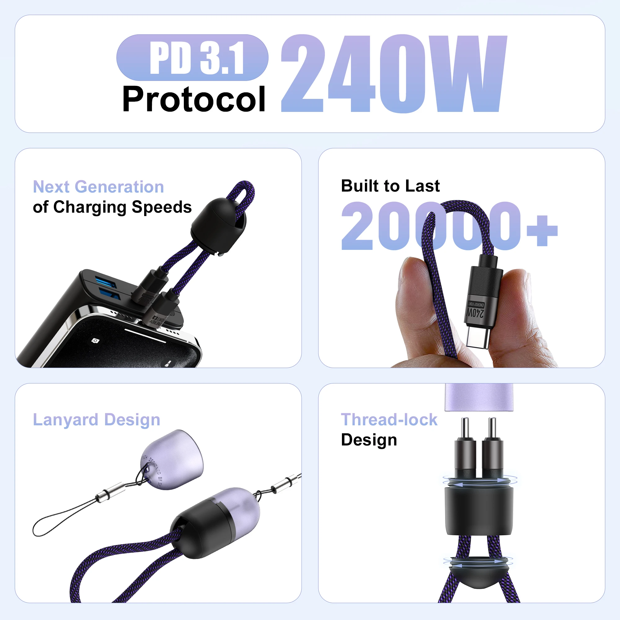 Llavero con cordón PD de 240W, Cable de carga rápida tipo C a tipo C, 20cm, USB C, transferencia de datos para Xiaomi, Samsung, iPhone 16 - imagen 3