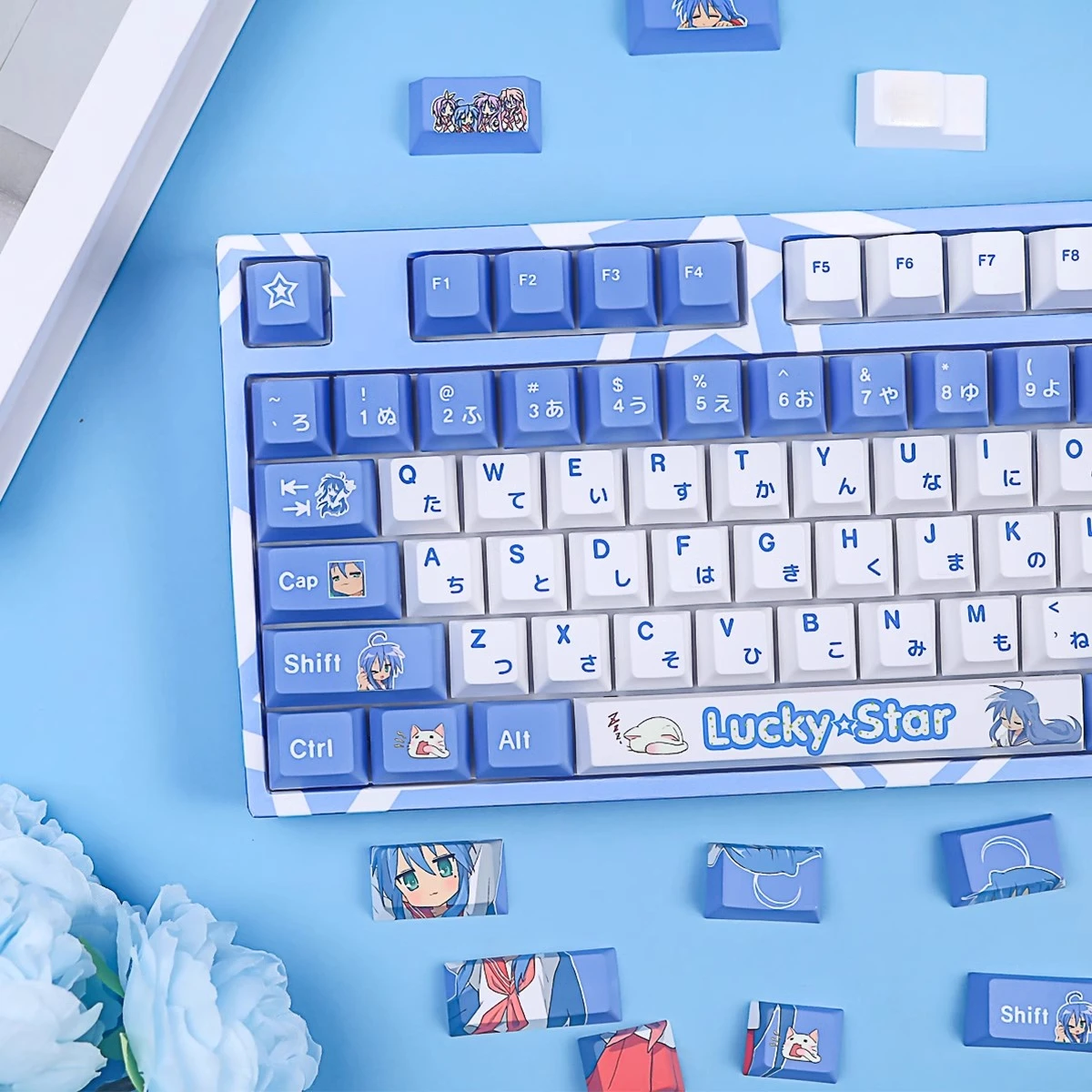 Juego de teclas con tema de estrella de la suerte, color morado y blanco, teclas de teclado PBT, teclas de perfil de cereza personalizadas para accesorios de teclado mecánico - imagen 2