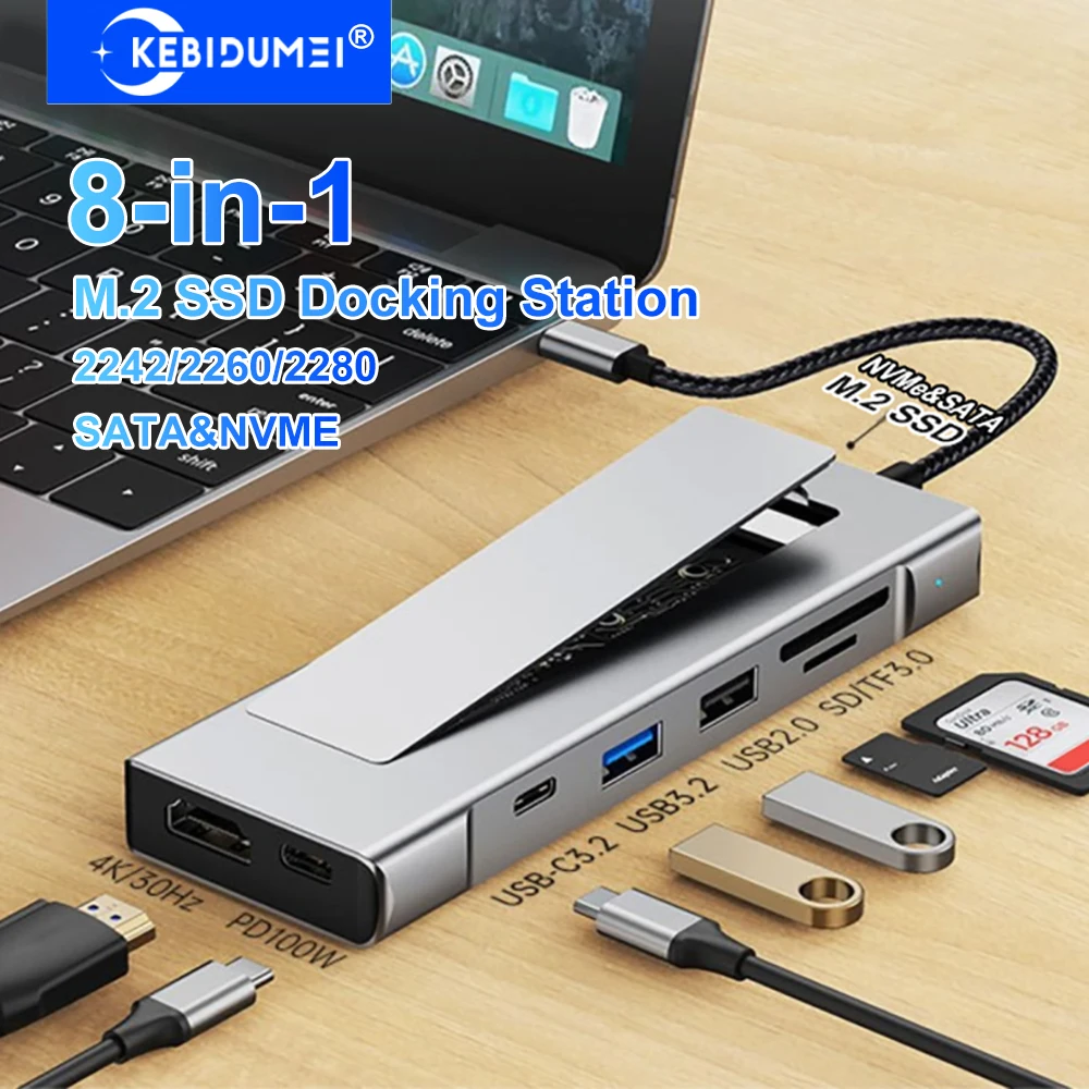 Estación de acoplamiento USB C 8 en 1, carcasa M.2 SSD, concentrador USB SATA + NVME, concentrador USB C 4K30Hz/10Gbps/100W para ordenador portátil Macbook