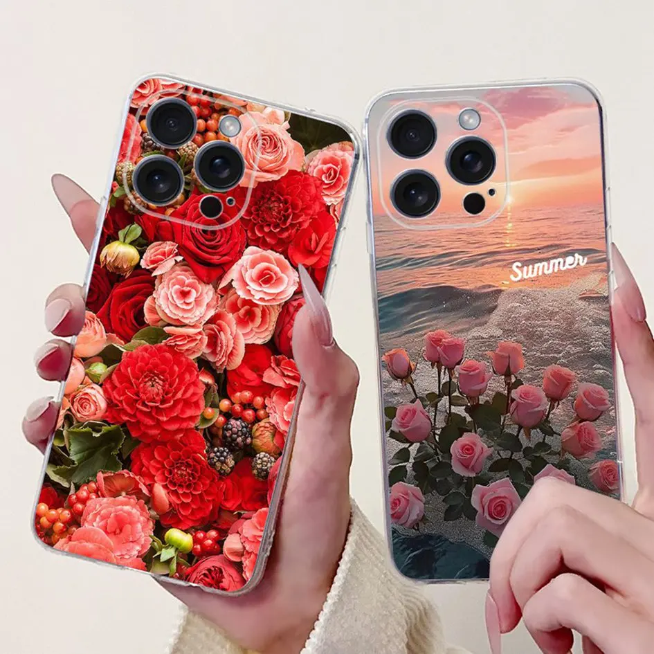 Funda de teléfono de lujo para iPhone 15 Pro Max, funda trasera de silicona transparente suave con flores para iPhone 15 Plus iPhone15 15Pro Capa