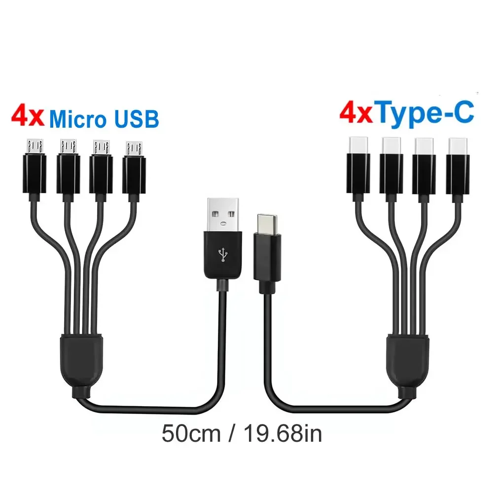 Cable de carga múltiple USB a tipo C corto de 20cm USB-C a 4 en 1 Cable adaptador divisor Micro USB 5V Cable divisor USB C de 4 puertos