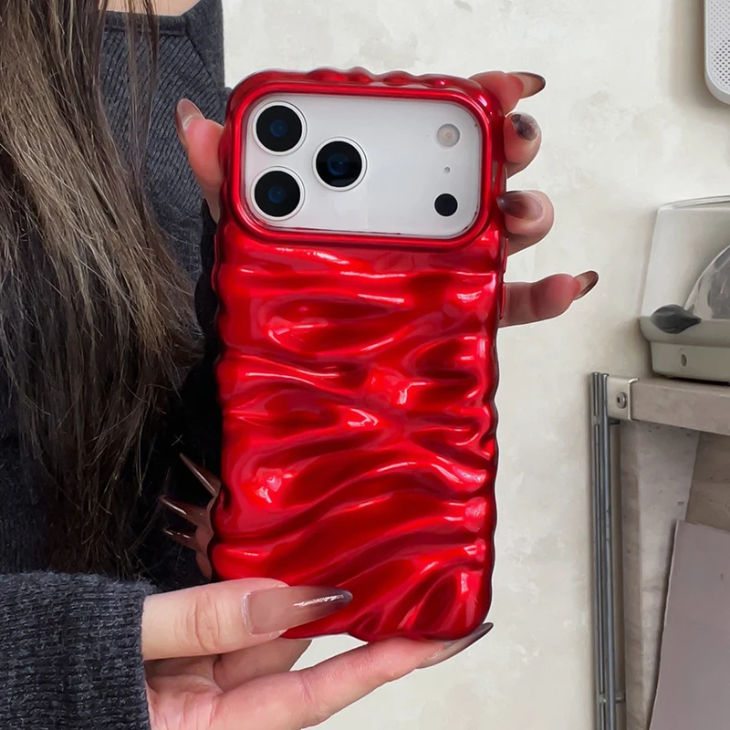 Popular de lujo rojo brillante lindo 3D crema Irregular pliegues funda de teléfono para iPhone 17 Air 16 Pro Max 13 15 14 Plus - imagen 3