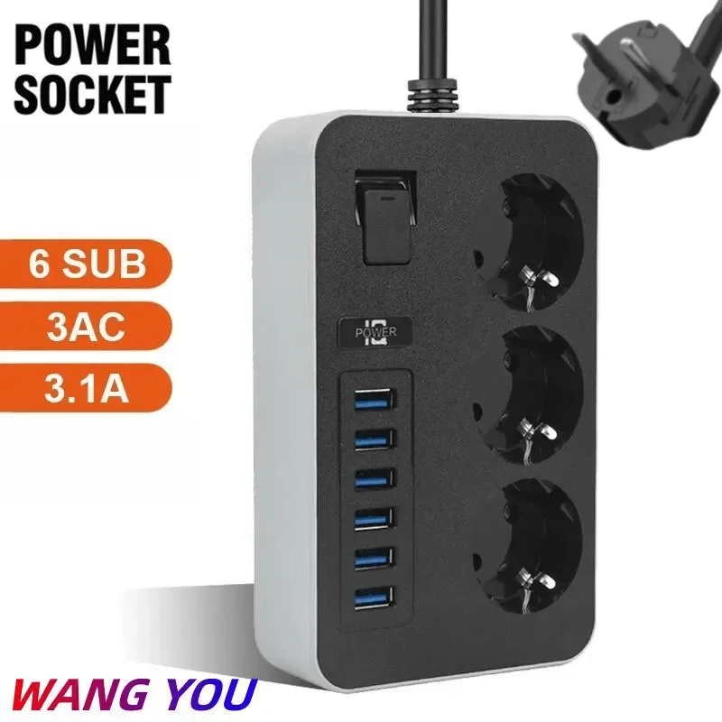Tira de alimentación de Enchufe europeo para el hogar, cable de extensión inteligente, enchufe eléctrico, 6 puertos USB, 3.1A, carga de teléfono, filtro de red
