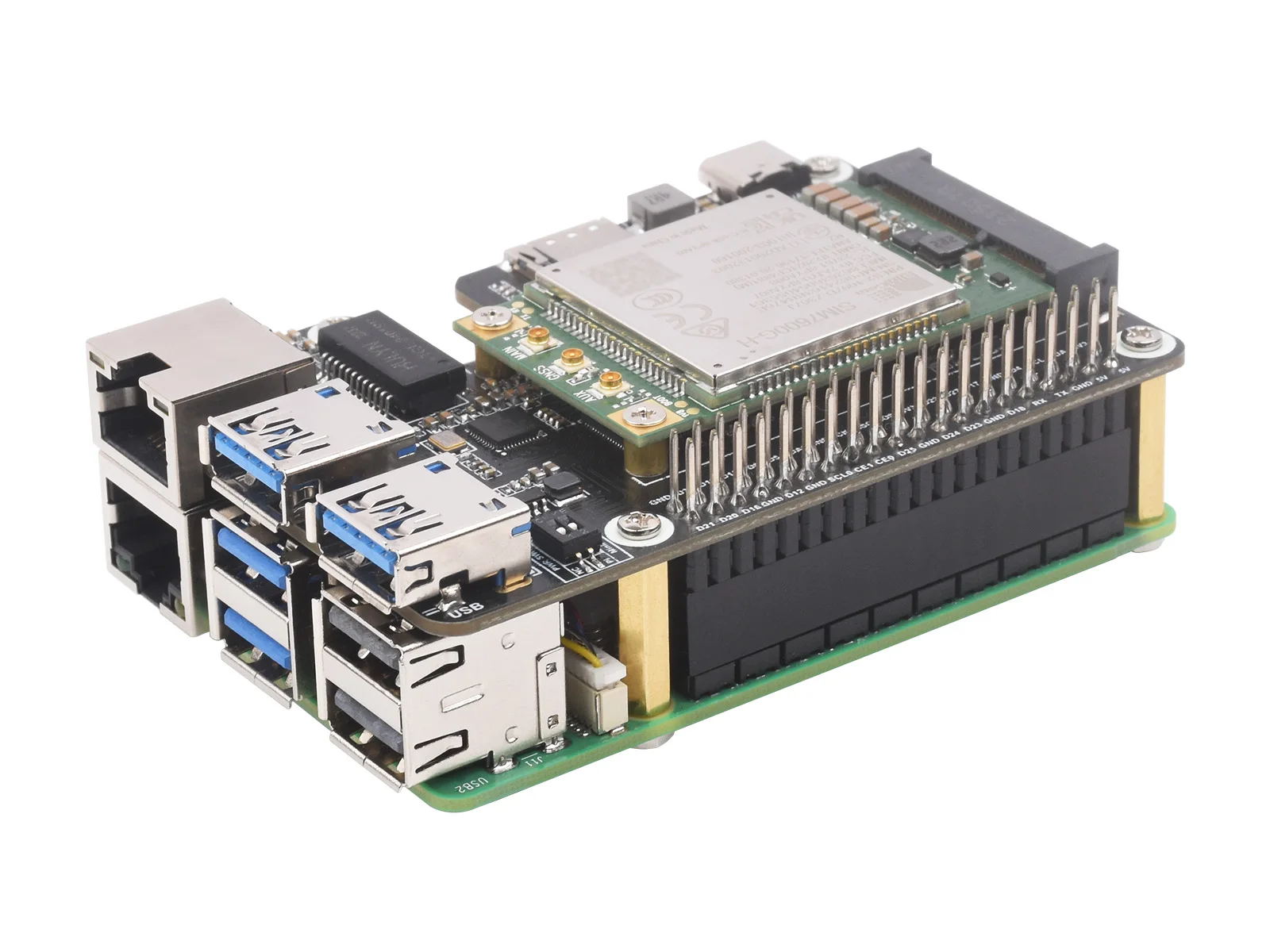 Waveshare PCIe a MiniPCIe/Gigabit Ethernet/USB 3.2 Gen1 HAT, admite interfaz MiniPCIe módulo 4G, Raspberry Pi 5 HAT - imagen 3