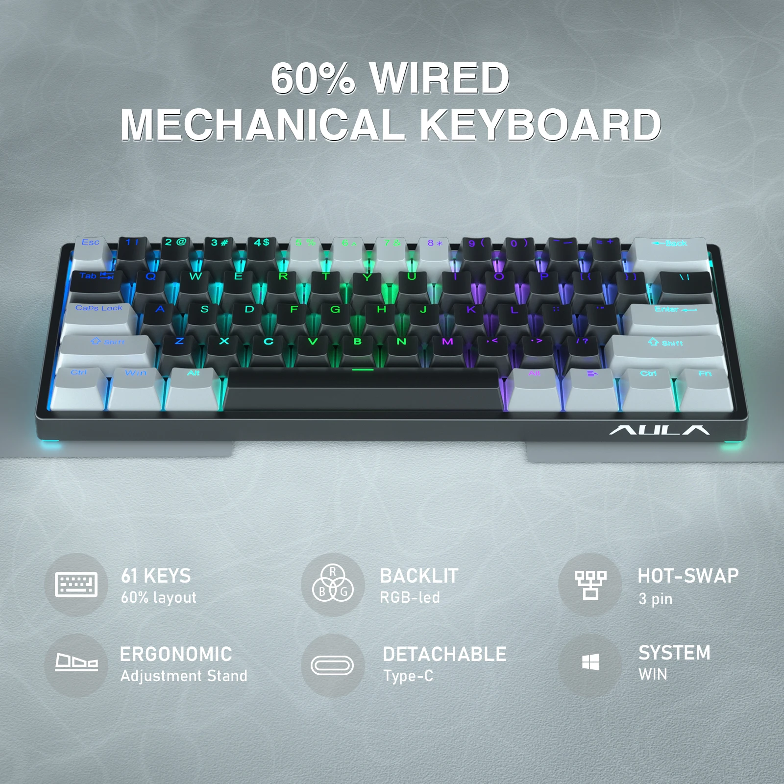 AULA F3261 Teclado mecánico con cable de 61 teclas, teclado para juegos intercambiable en caliente, Software personalizado para tableta, portátil, diseño 60% retroiluminado RGB - imagen 3