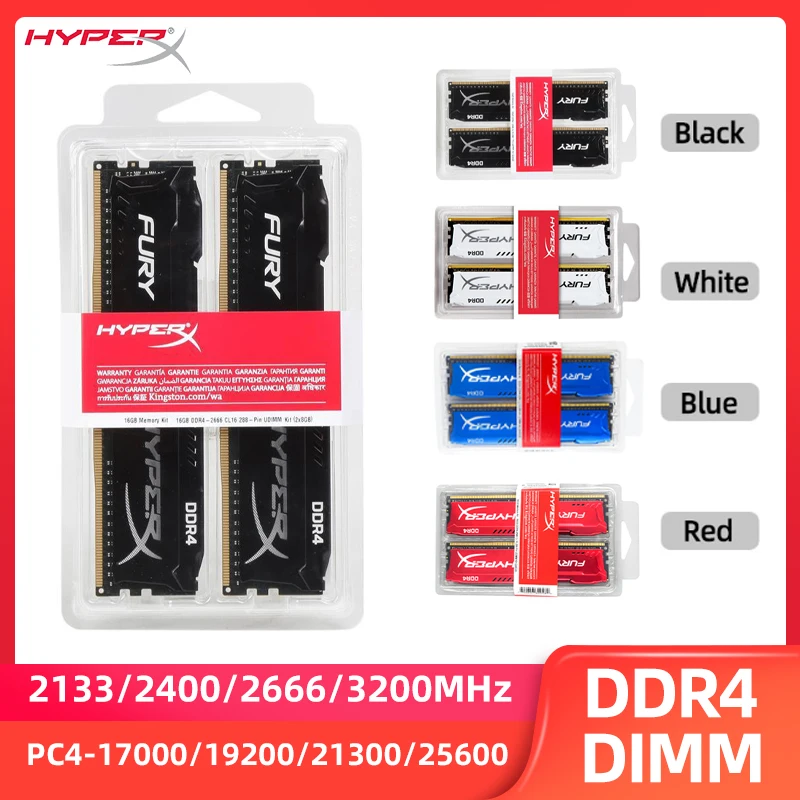 HyperX Fury Memoria DDR4 16GB (2x8GB) 32GB (2x16GB) Kit RAM 3200MHz 2666MHz 2400MHz 2133MHz RAM de escritorio 1,2V DIMM PC-21300 25600
