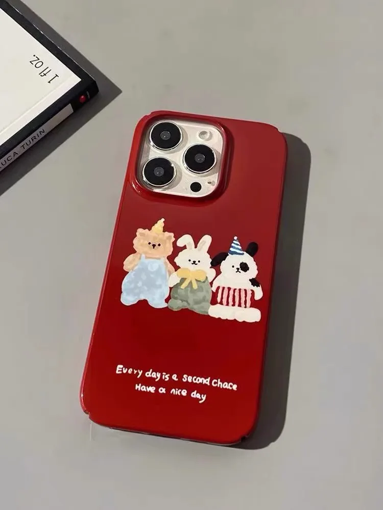Funda de teléfono con pintura de osito rojo para iPhone 16 15 14 13 12 11 Pro Max XS XR XSMax 6 7 8 Plus, cubierta dura HD brillante para PC
