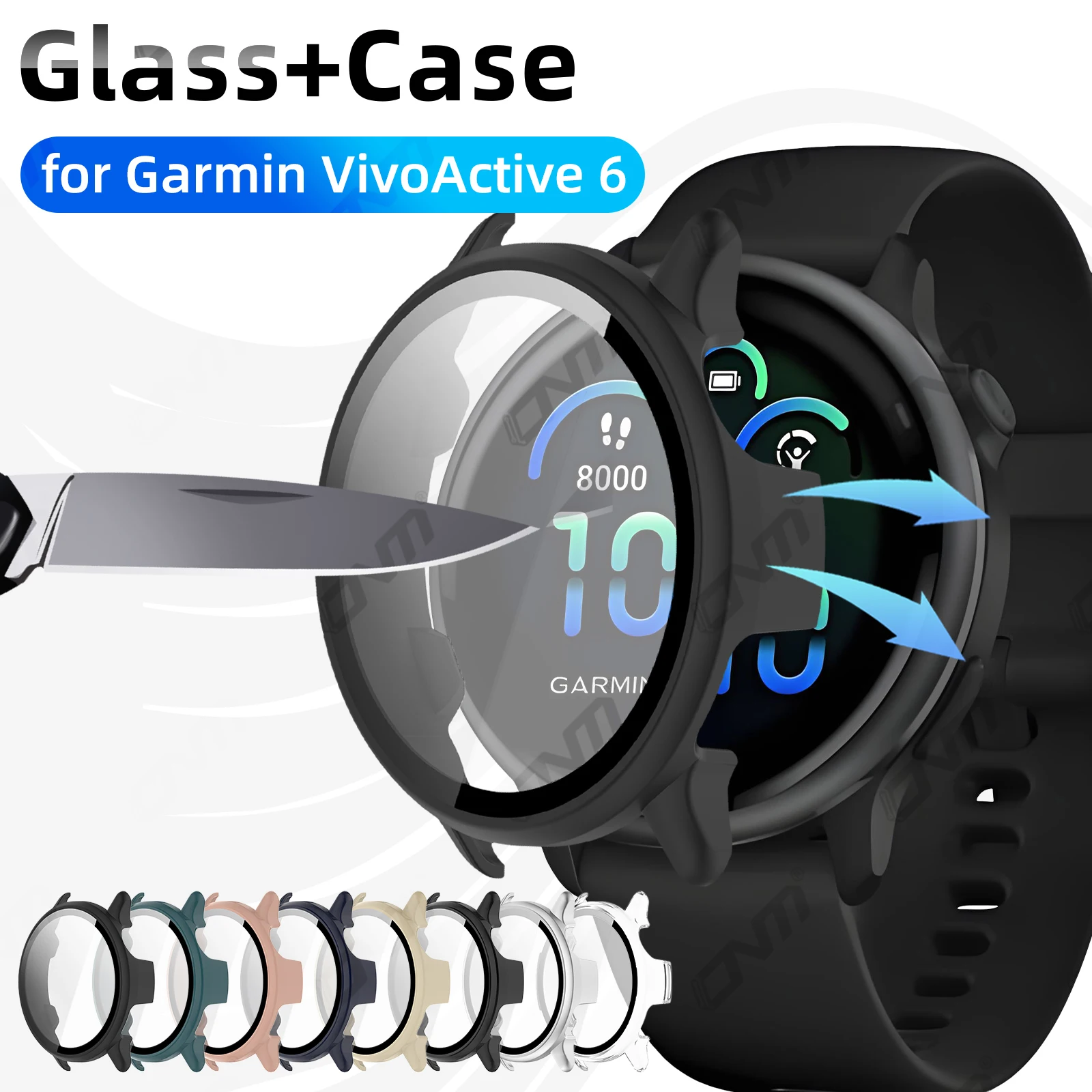 Vidrio + funda para Garmin VivoActive 6, Protector de pantalla de vidrio templado y parachoques protector de PC duro para accesorios Vivo Active 6