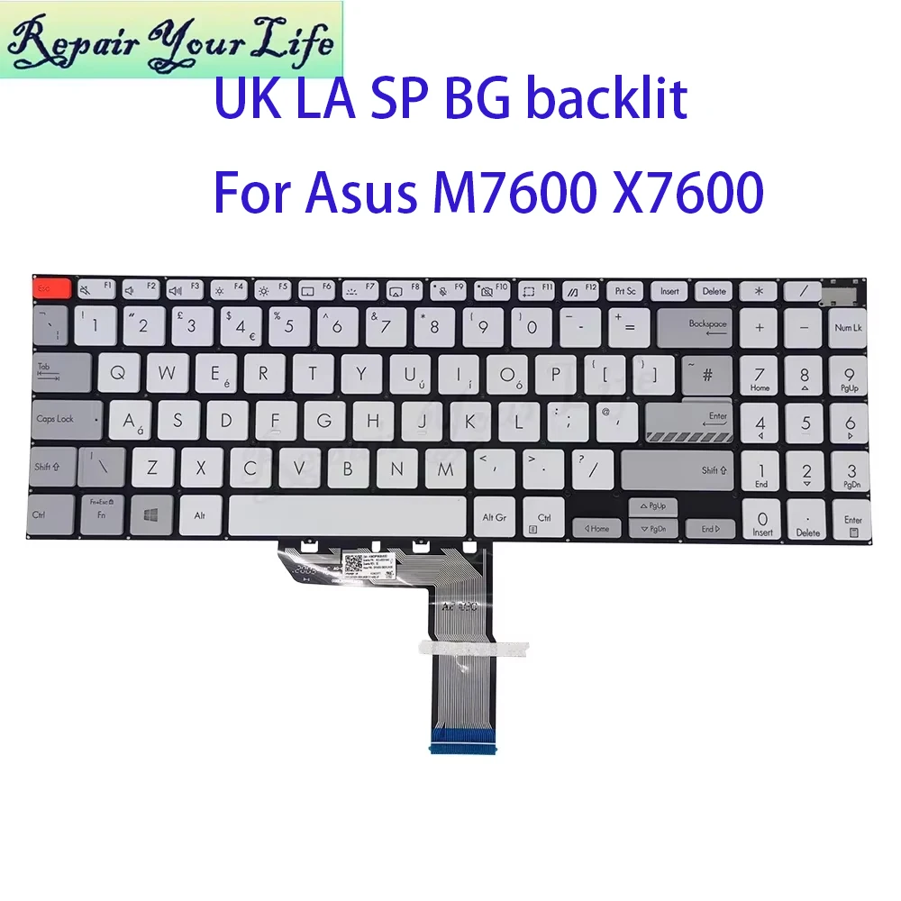 Retroiluminación del teclado latino español Reino Unido Bulgaria para ASUS Vivobook Pro X7600 N7600 M7600 M7600QA M7600QC retroiluminación 0KNB0-560XUK00