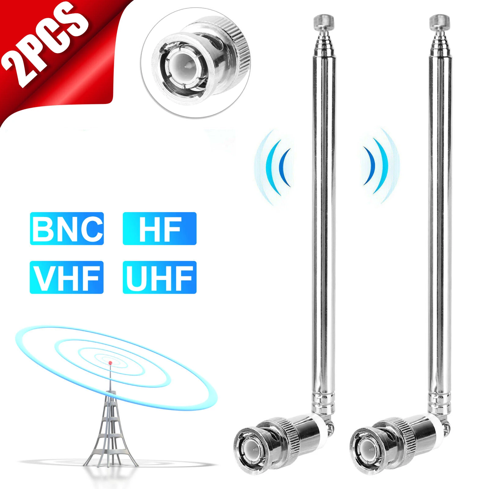 2 uds antenas BNC 25MHz - 1300MHz antena telescópica de 7 secciones antena conector macho BNC 740mm para escáner de Radio/VHF/UHF/AM/FM