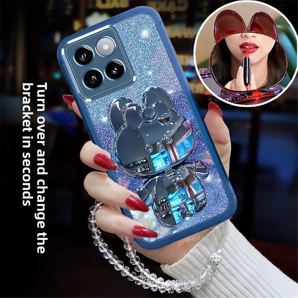 Pulsera de cristal con purpurina, funda con soporte de espejo de conejo para Xiaomi 14T Pro 13T 12T 11T 13 12 Lite 12S 12X, funda de teléfono de silicona suave - imagen 3