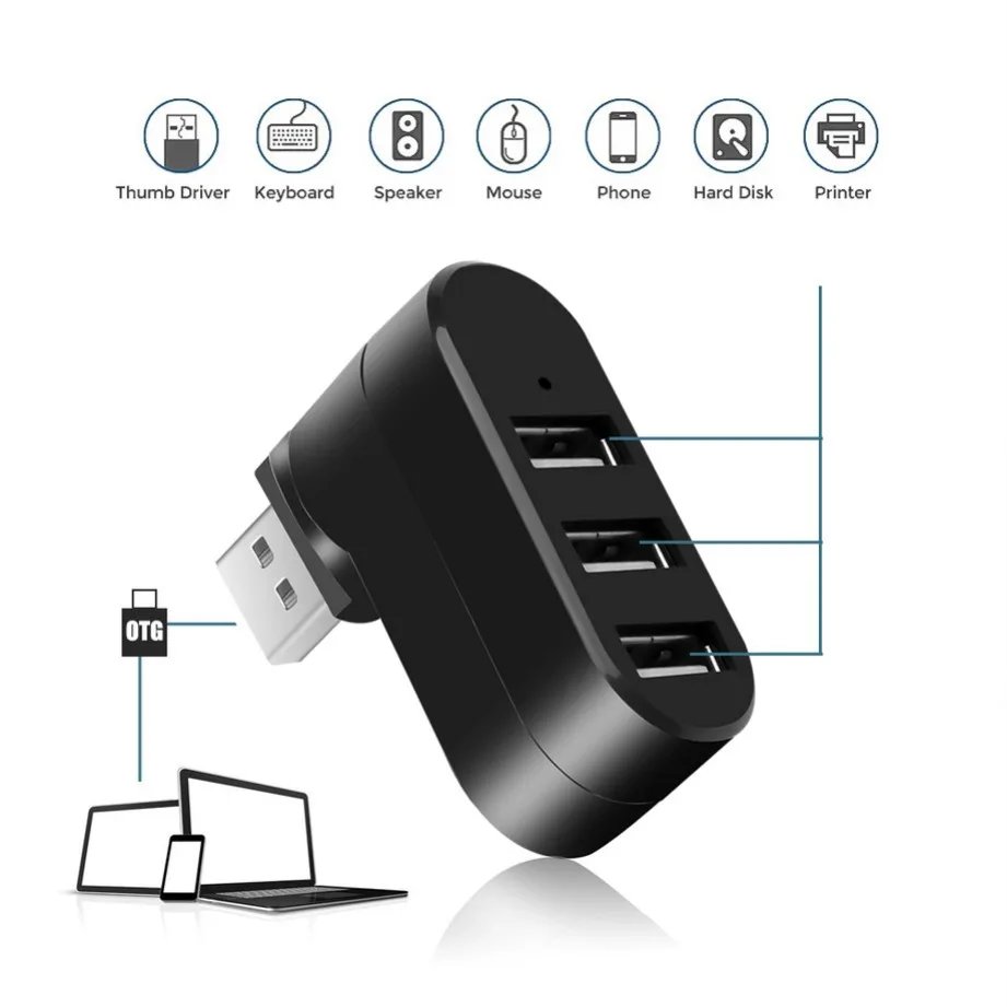 Adaptador USB Hub 2,0 giratorio de alta velocidad U lector de disco divisor 3 puertos USB 2,0 para ordenador PC portátil Mac Mini Accesorios - imagen 4