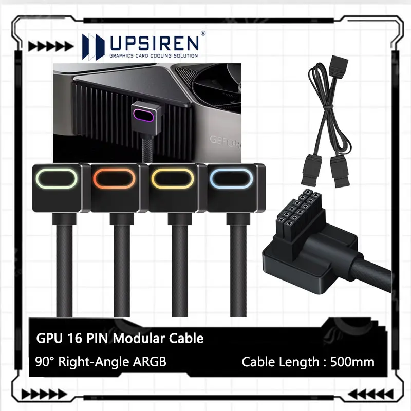 Cable modular UPSIREN GPU de 16 pines, ARGB de 12VHPWR con 5V 3 pines, 18AWG 90 ° Diseño macho a macho en ángulo recto, 5090/3070 no es aplicable