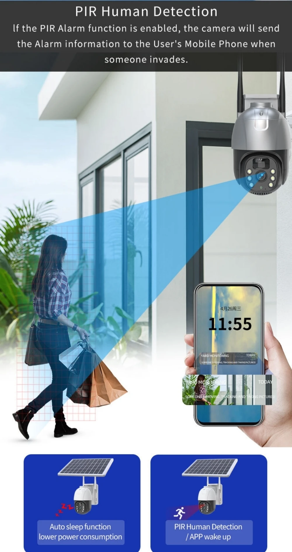 Cámara de vigilancia solar 4G WiFi con panel solar, 360°, 4 MP, 1080P HD, bidireccional, CCTV, seguridad para exteriores, impermeable, seguimiento automático, ZP3, visión nocturna, detección de movimiento. - imagen 3