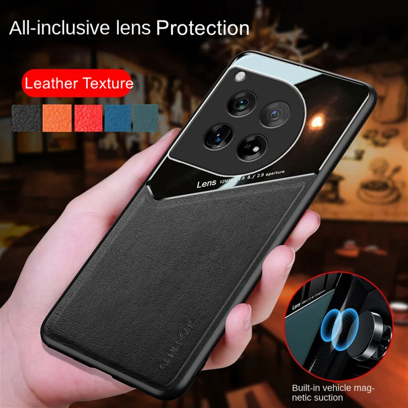 Funda con textura de cuero para OnePlus 13 13R 12 12R, funda con soporte de succión magnética para coche, Fundas Capa