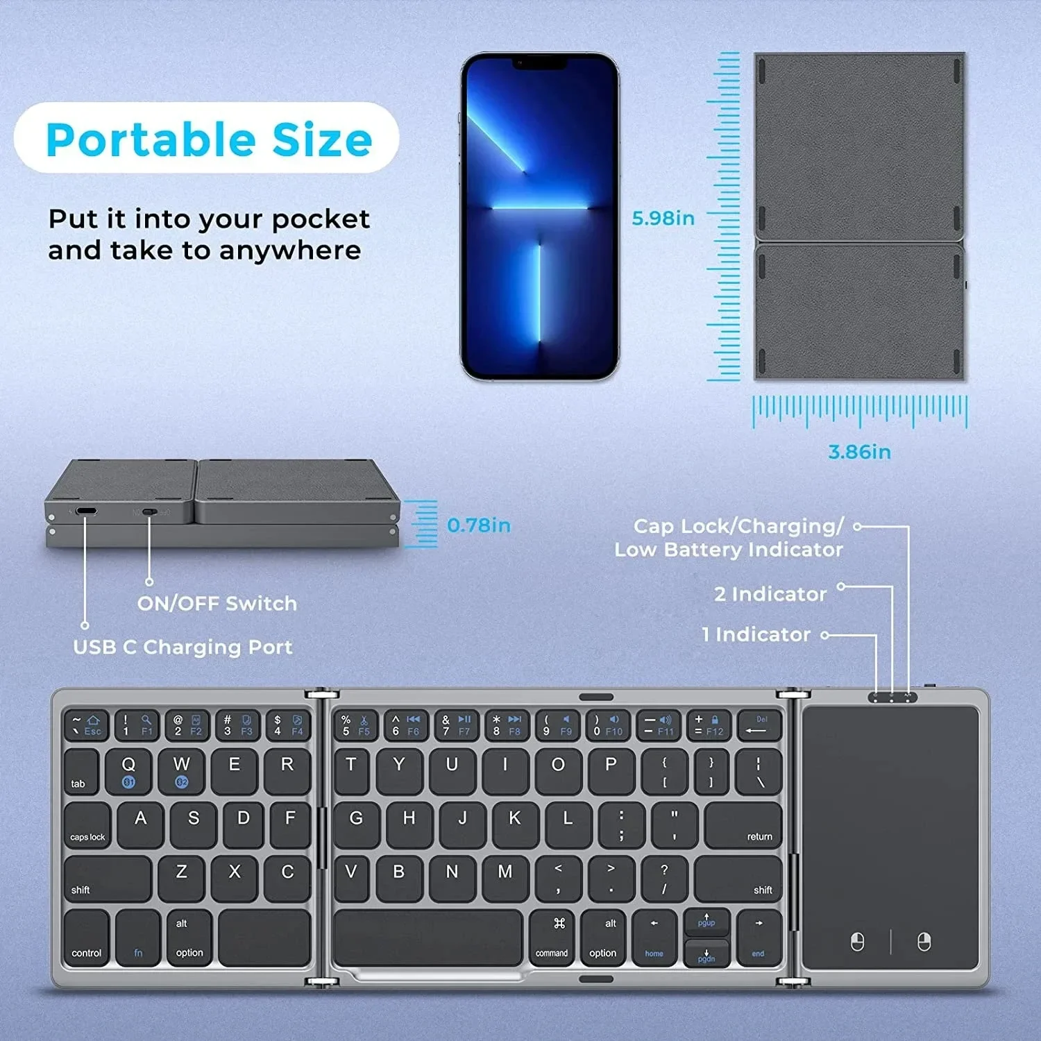 Teclado Bluetooth dual Mini teclado plegable de 3 plegables Teclado portátil plegable recargable con panel táctil para Win Android IOS iPad - imagen 5