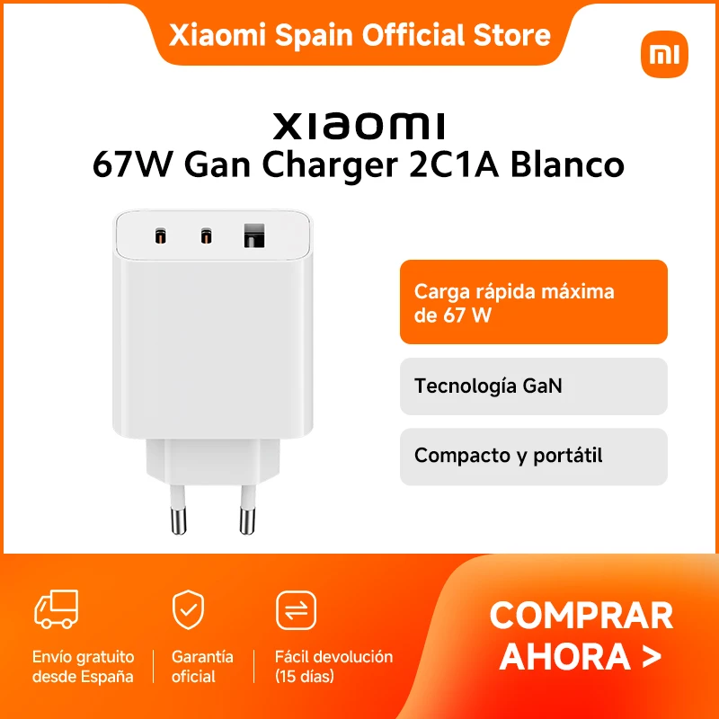 Oficial | Xiaomi 67W Gan Charger 2C1A, Carga rápida máxima de 67 W, Tecnología GaN, Compacto y portátil