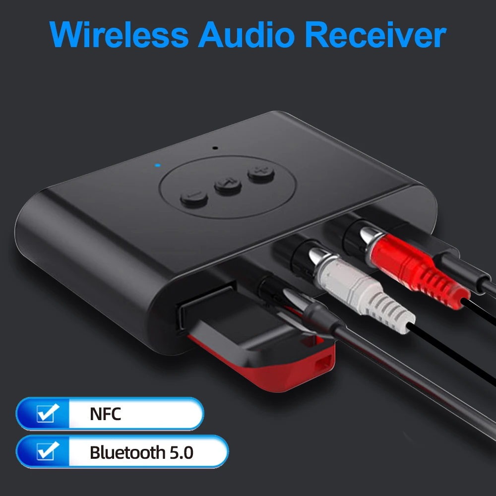 Receptor de Audio NFC Bluetooth 5,0, disco U RCA, conector auxiliar de 3,5mm, adaptador de Audio inalámbrico de música estéreo, llamadas manos libres para altavoz de coche