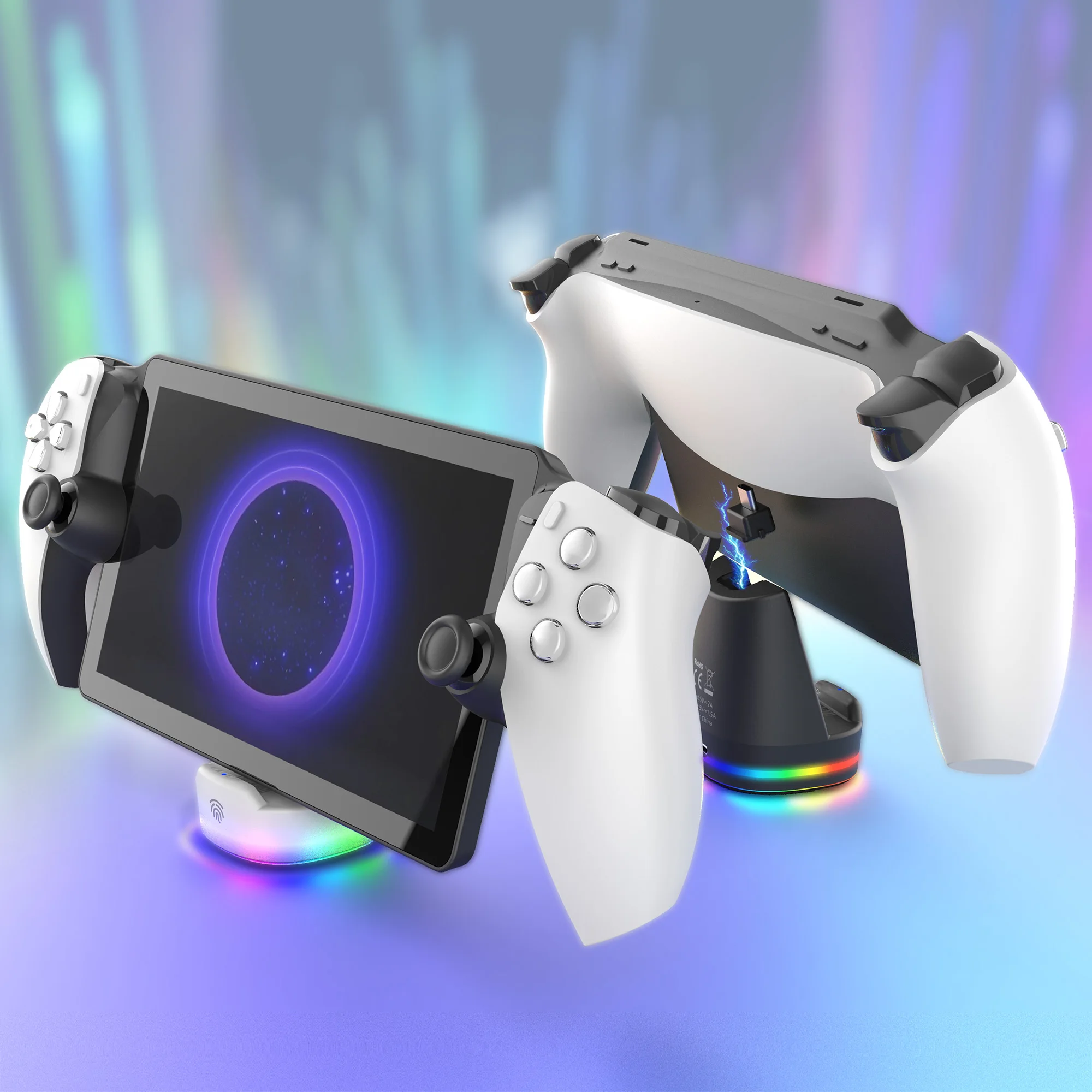 Soporte de carga colorido IPEGA para Portal PS5 con efectos de iluminación RGB vibrantes, carga de contacto magnético y almohadilla antideslizante inferior - imagen 5