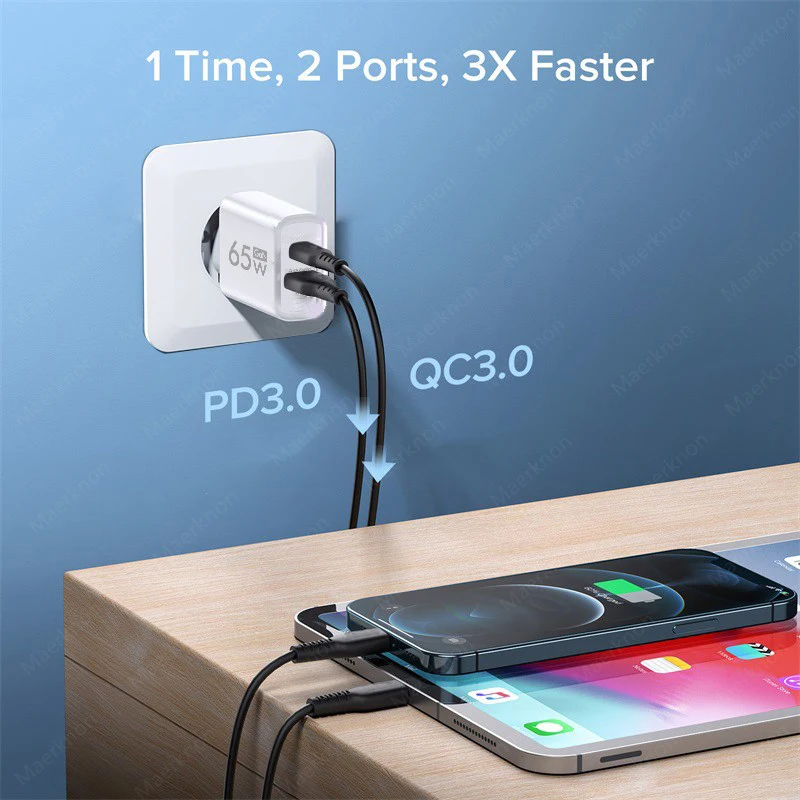 Cargador USB tipo C GaN Total de 65W PD, carga rápida, cargador de pared con enchufe UE/EE. UU. para iPhone, Xiaomi, Samsung, adaptador de cargador de teléfono móvil - imagen 3
